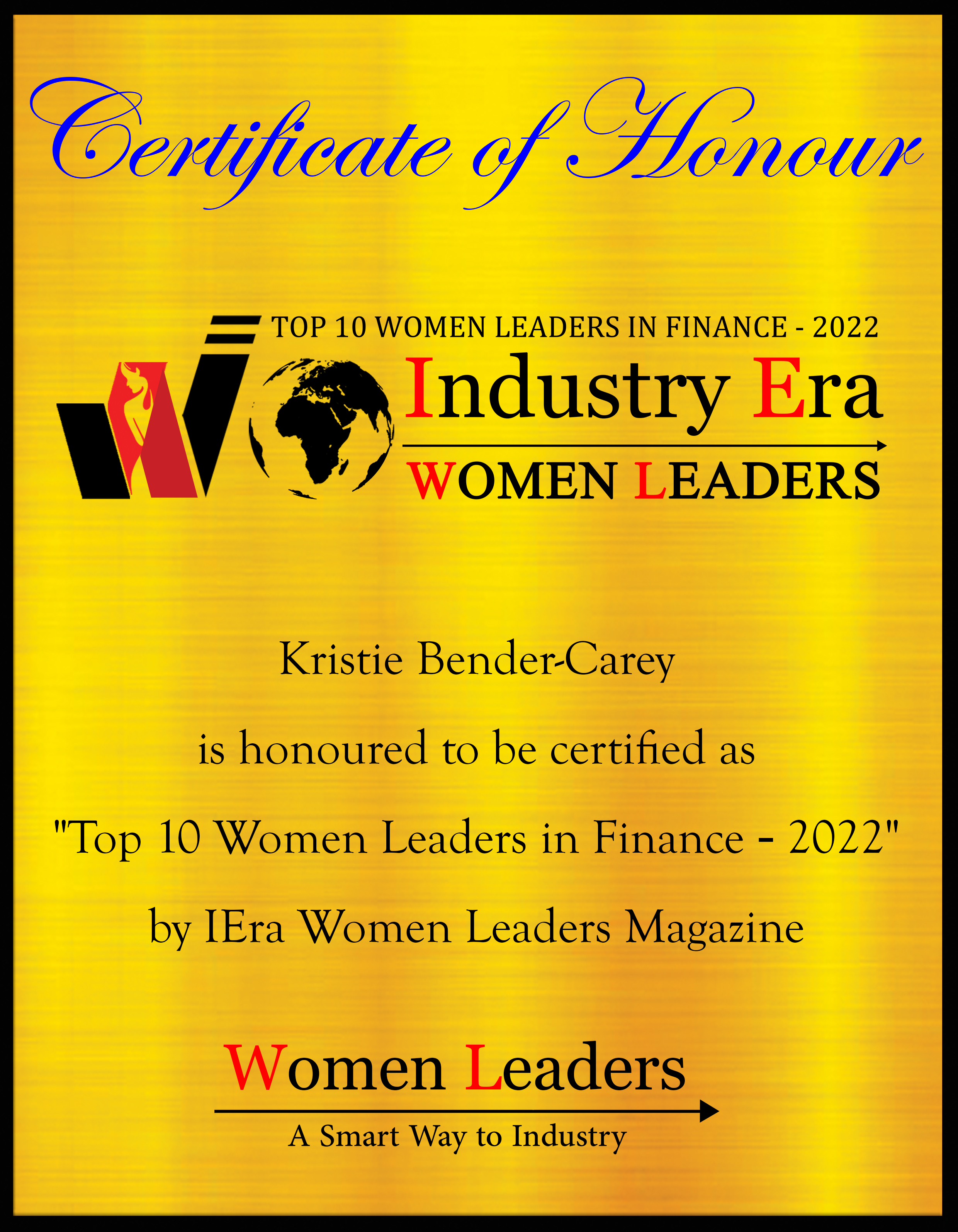 Kristie Bender-Carey CEO of Bender Carey-Capital, Top 10 Women Leaders in Finance of 2022