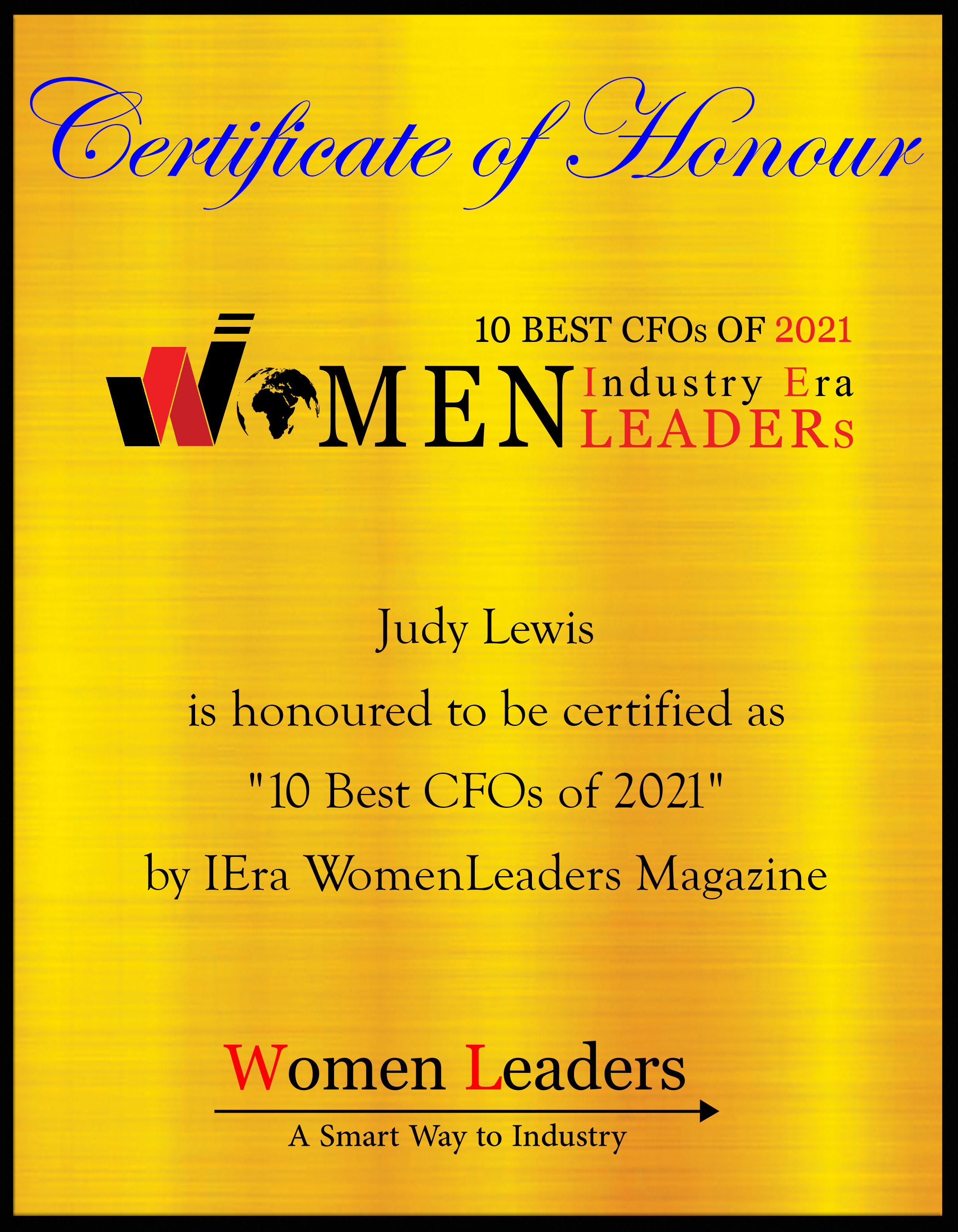 Judy Lewis Chief Financial Officer of NORMS Restaurants Certificate